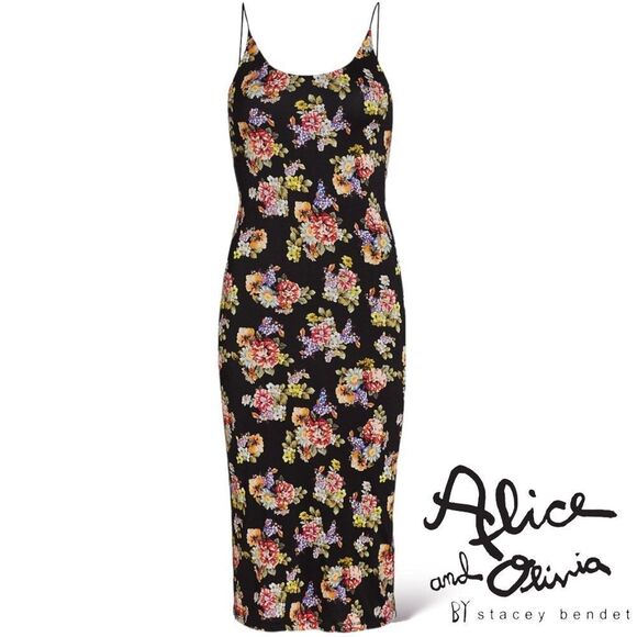 ALICE + OLIVIA *NWT* Delora Spaghetti Strap Fitted MIDI Dress in Magnolia Floral - Picture 5 of 12